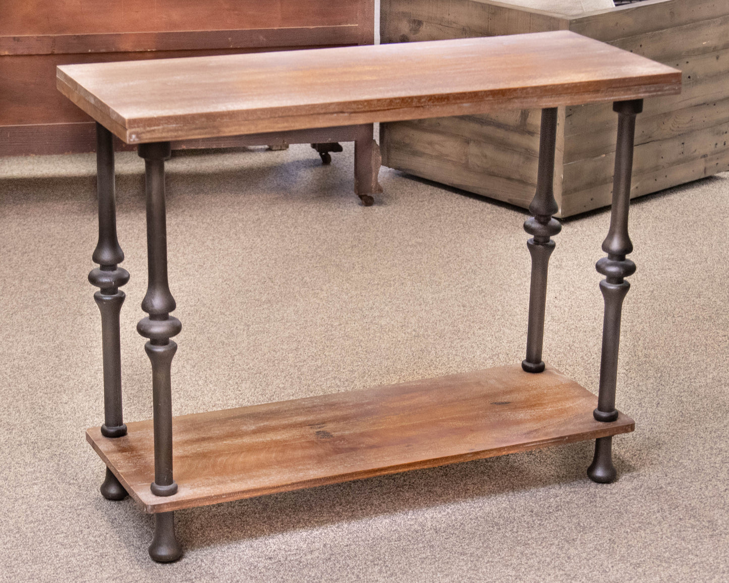 Console with Driftwood Finish Wood Shelves on Black Metal Frame