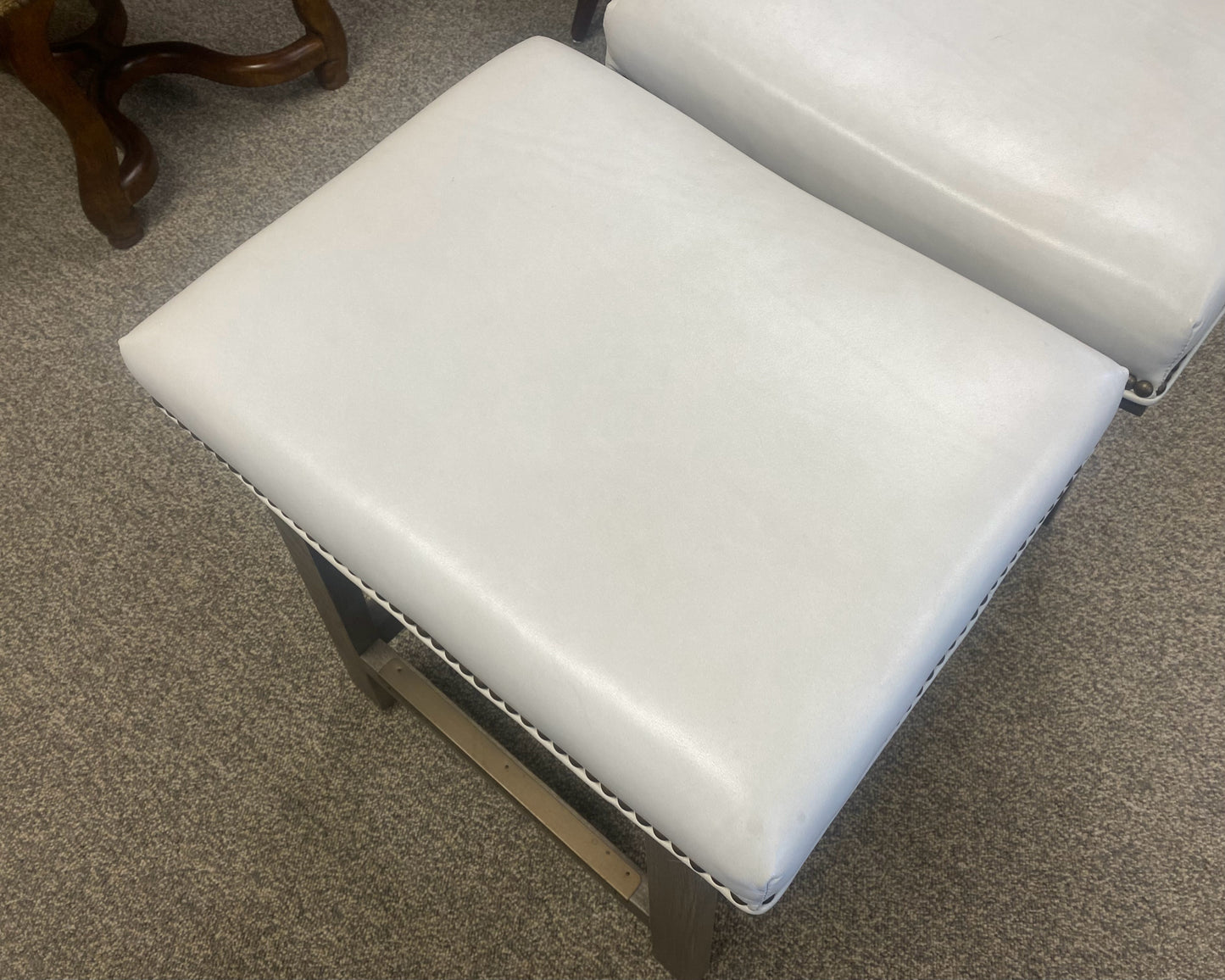 Pair of Pearlized Leather Counter Stools with Brass Nailhead