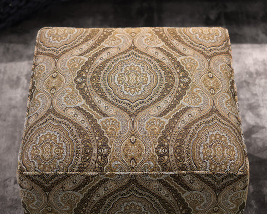 Pair of Ethan Allen Paisley Ottomans in Black, Grey & Gold