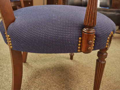 Mahogany  Arm Chair with Carving in Navy Blue Upholstery with Nailhead Trim