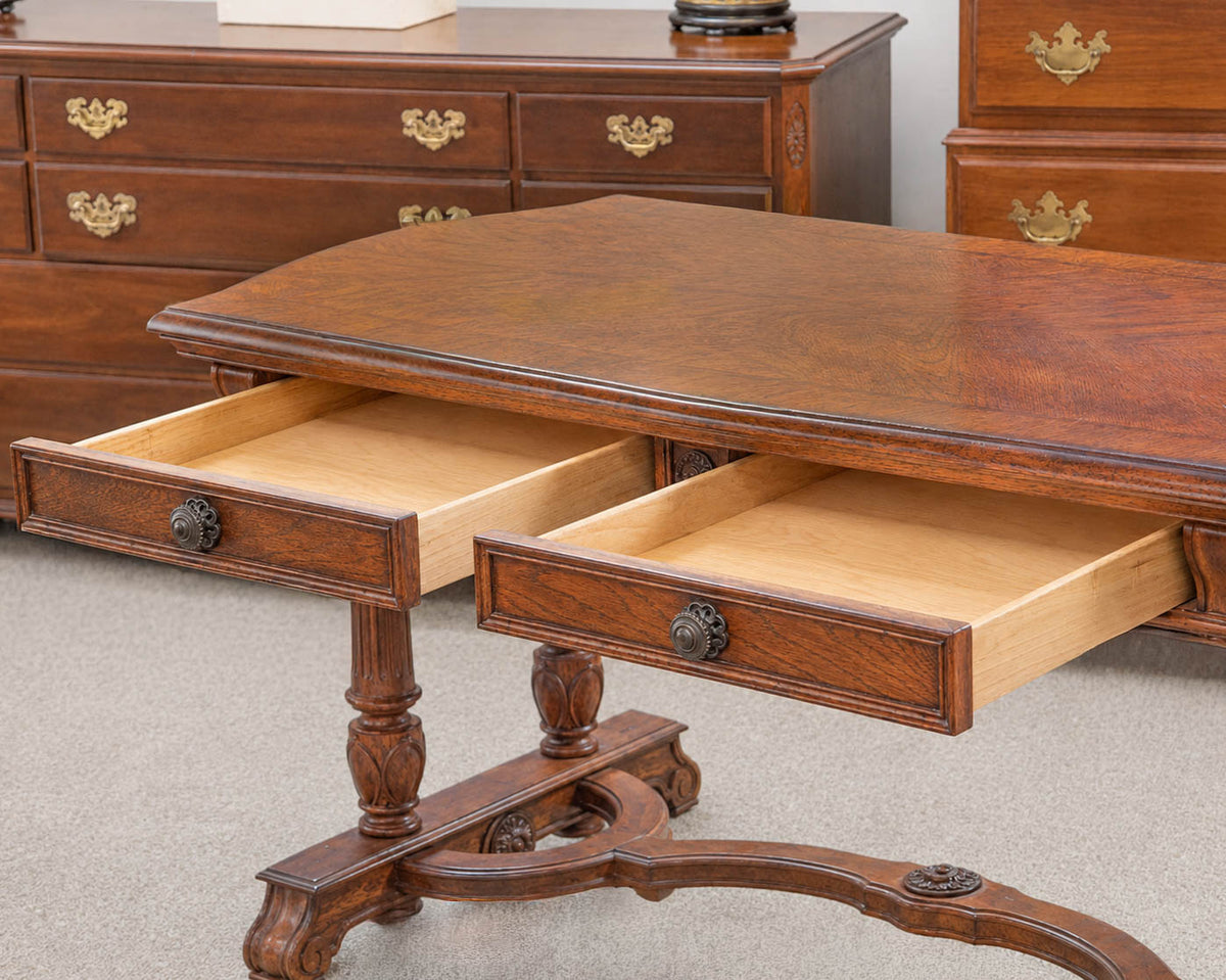 Broyhill Warm Brown Writting Desk W/Inlaid Table Top & Carved Trestle Leg Base