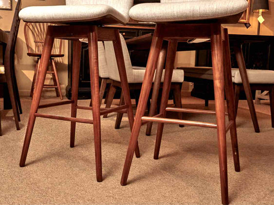 Pair Of Sede Swivel Walnut Legs Light Grey Upholstered Seats Bar Stools