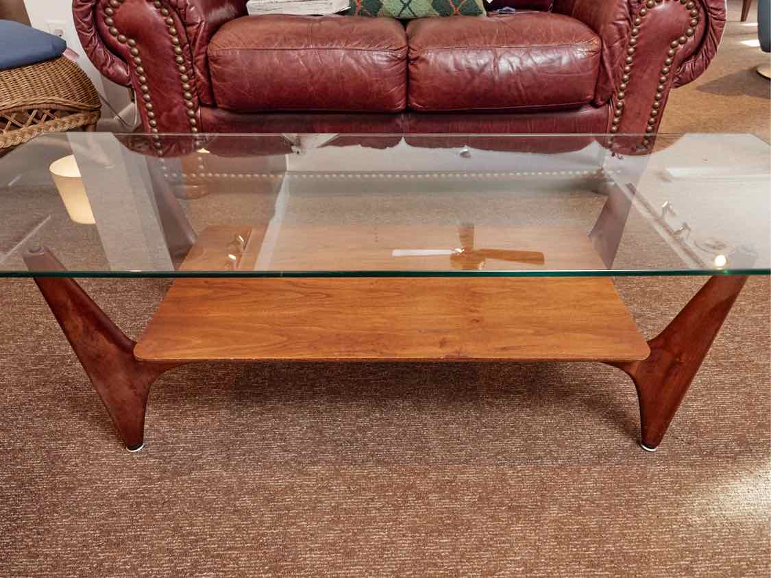 Teak Base With Lower Shelf Glass Top Cocktail Table