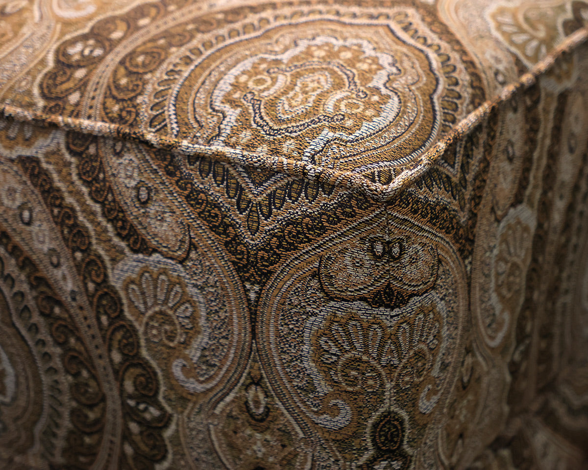 Pair of Ethan Allen Paisley Ottomans in Black, Grey & Gold