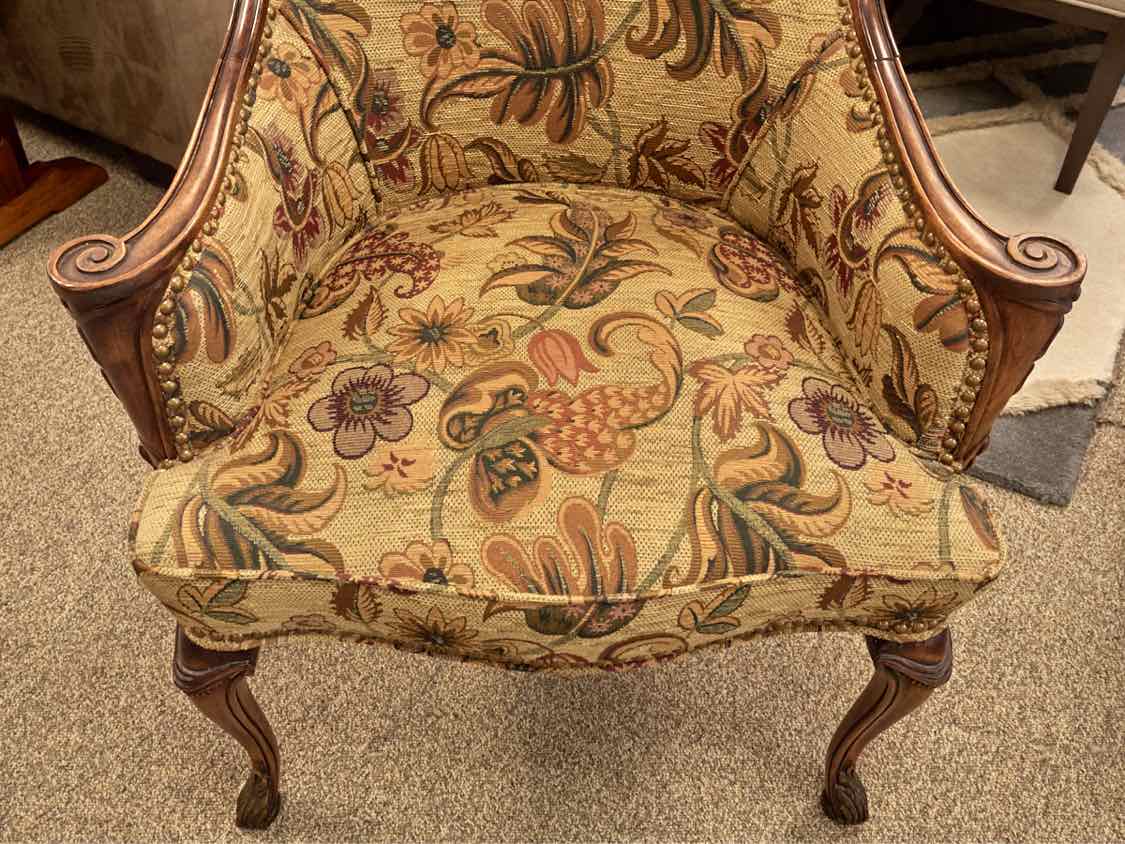 Pair of Fireside Wing Chairs in Autumn Tones on Carved Fruitwood Frame
