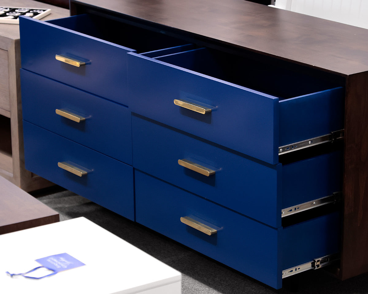 Espresso Wooden Dresser With 6 Navy Drawers