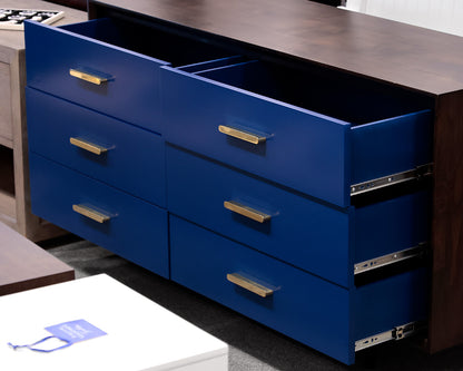 Espresso Wooden Dresser With 6 Navy Drawers