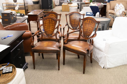 Burlwood Inlaid Round Pedestal Dining Table & Set of 4 Carved Inlaid Armchairs