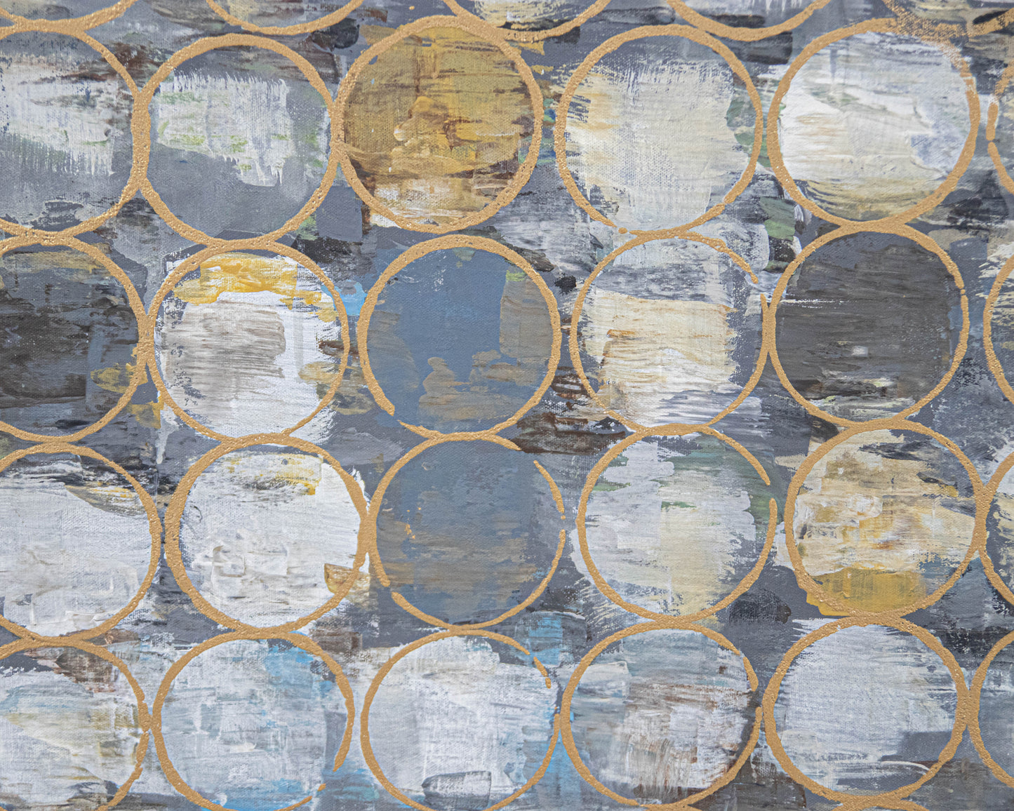 Basset  Hand Painted Canvas Grid Of Blues, Grey And  Golden Undertones