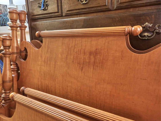 Pair of Tiger Maple 2 Post Twin Bed with Rolling Pin Top