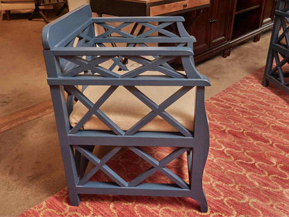 Pair Of Blue Finish Lattice Cushion Accent Chairs