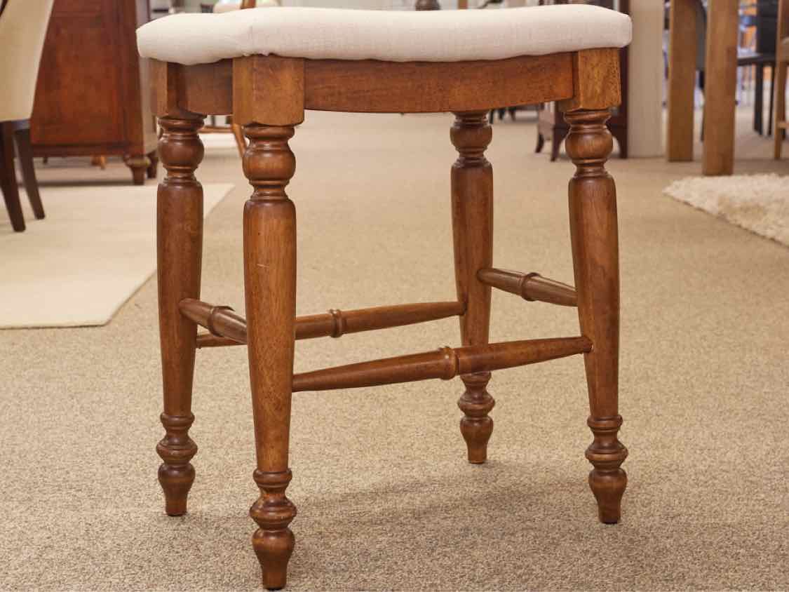 Pair of Linen Seat Counter Stools on Medium Finish Wood Frame