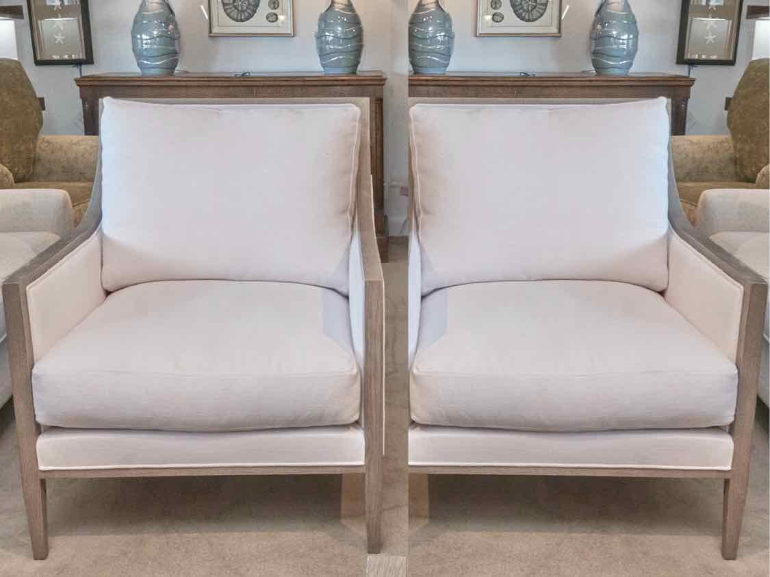 Pair Of Restoration Hardware Slope Arm White Linen Blend Cushions  Chairs