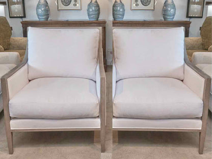Pair Of Restoration Hardware Slope Arm White Linen Blend Cushions  Chairs