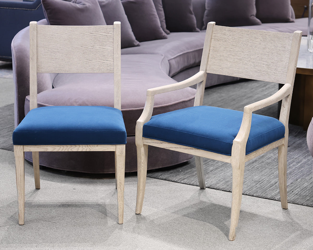 Pair of Theodore Alexander White Washed Oak Chairs with Blue Velvet Seats