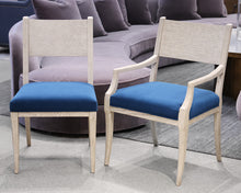 Pair of Theodore Alexander White Washed Oak Chairs with Blue Velvet Seats