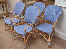 Set Of (4) Frontgate Bamboo Arm Frame Periwinkle  & White Woven  Bistro Chairs