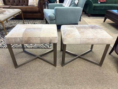 Pair of Cowhide Ottomans on Brushed Steel Frame