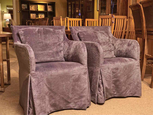 Pair Of Saladino Furniture 'Violet Blue' Slipcovered   Dining Chairs On Wheels