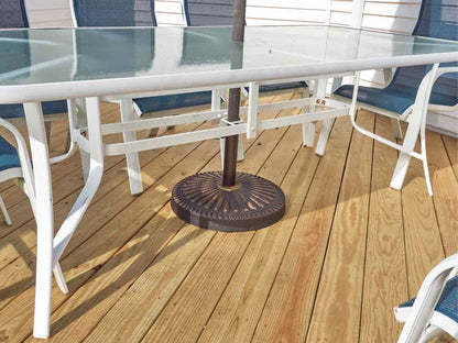 Glass Top White  Metal Outdoor Dining Table, Navy Umbrella 8 Mesh Navy Chairs