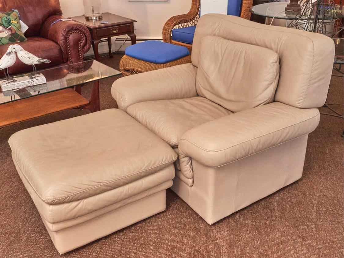 Italian Dove Taupe Bonded Leather Chair and Ottoman