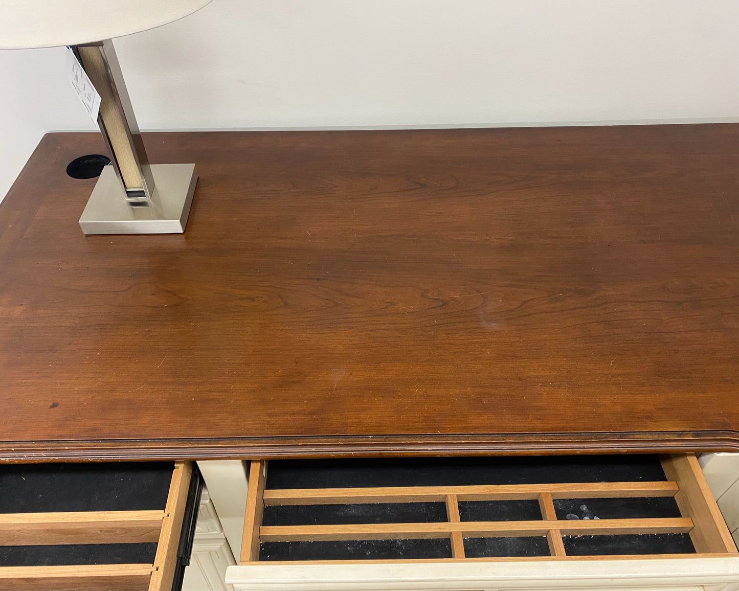 Beadboard Panel Corner Desk in Antique White with Cherry Finish Top