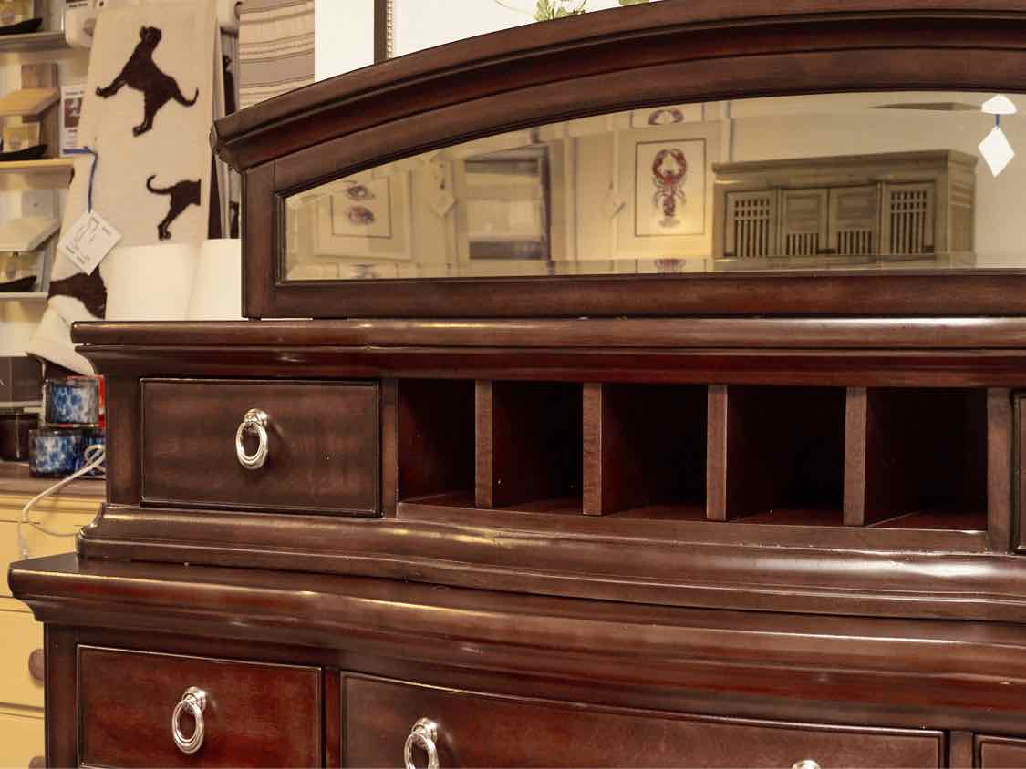 Espresso Finish 5 Drawer 3 Door Chrome Knobs &  Attached Mirror Sideboard