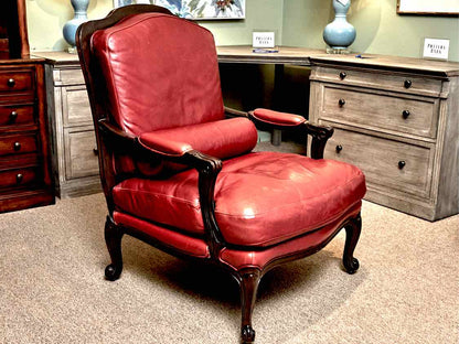 Pomegranate Red  Leather Bergere  Style Chair & Matching Ottoman