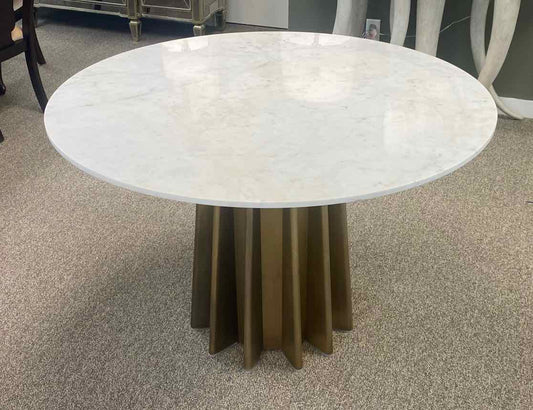 'Shorefront' Marble Round Dining Table with Gold Ribbed Pedestal Base