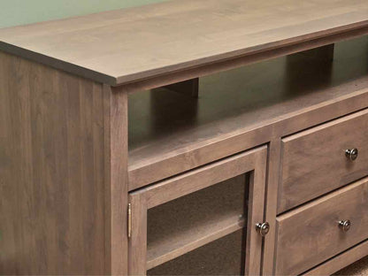 Gray Wash Media Furniture with 2 Glass Doors & 2 Drawers with Nickel Knobs