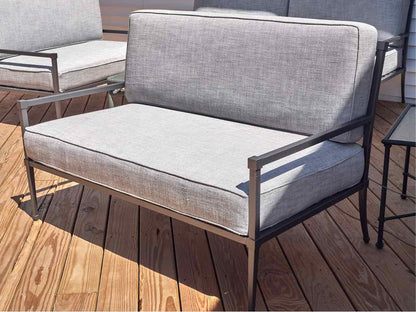 RH Gun Metal Gray Outdoor Lovesofa with Dove Grey Upholstered Cushions