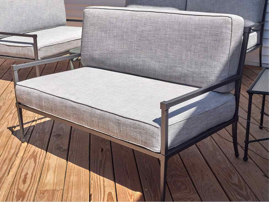 RH Gun Metal Gray Outdoor Lovesofa with Dove Grey Upholstered Cushions