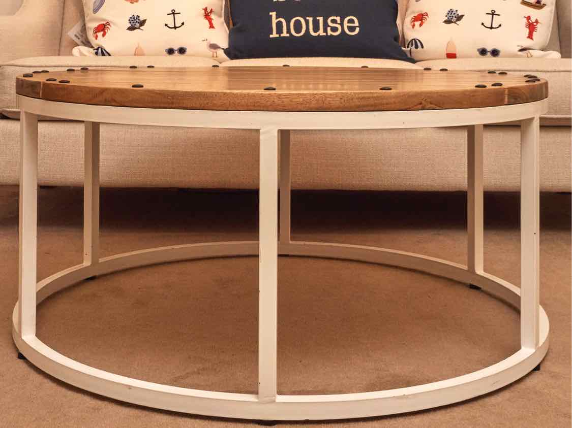 Walnut Plank Top Cocktail Table with White Finish Metal Base