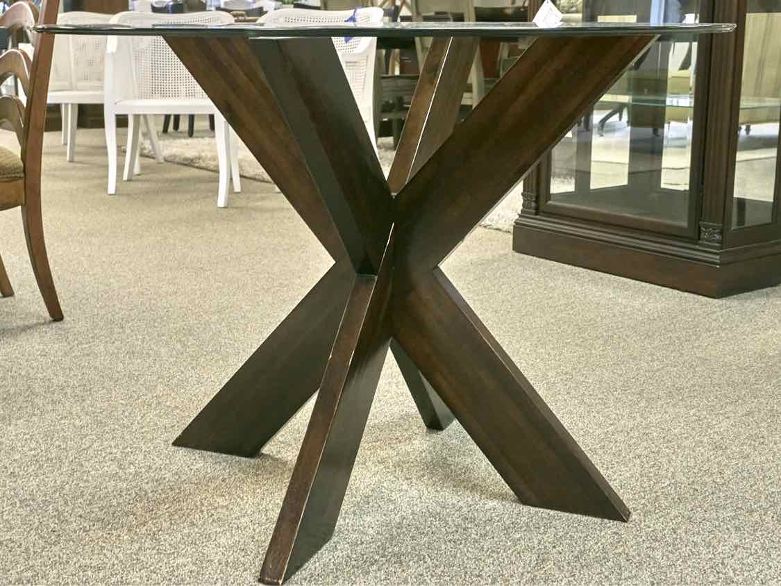 Round Glass Top Dining Table with X Base in Espresso Finish