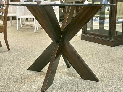Round Glass Top Dining Table with X Base in Espresso Finish