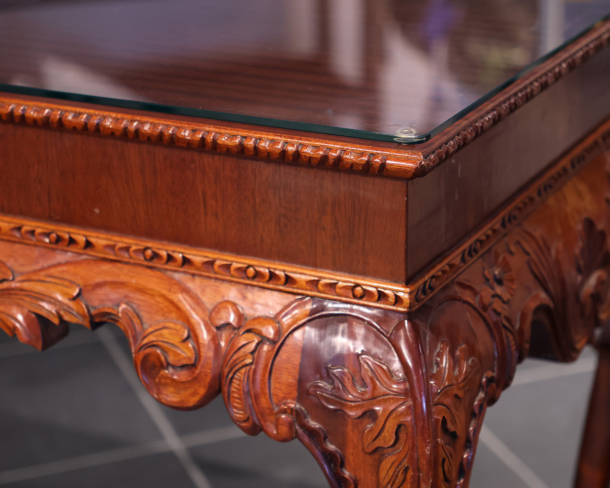 Chippendale Style Mahogany Hand Carved Console w/Glass Top
