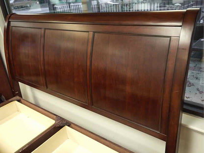 King Louis Phillip Style Sleigh Storage Bed in Bourbon Finish