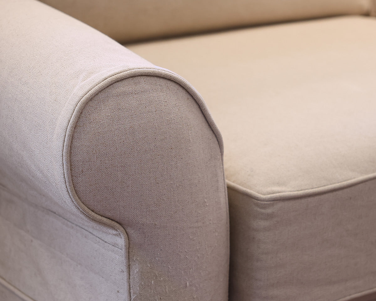 Queen Sleeper Sofa in Beige Woven Upholstery w/Skirt. 2 Cushion