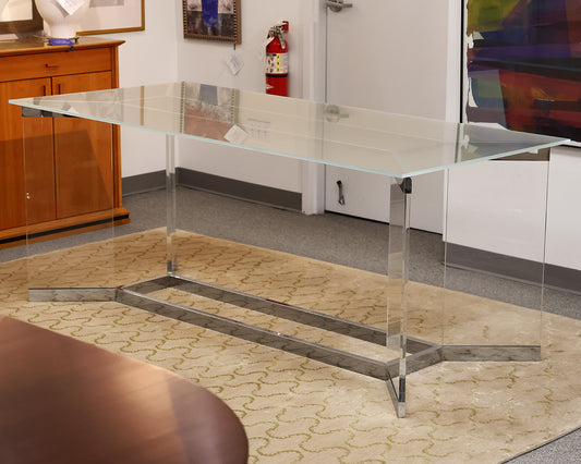 Ligne Roset Chrome Dining Table with Frosted Glass Top.
