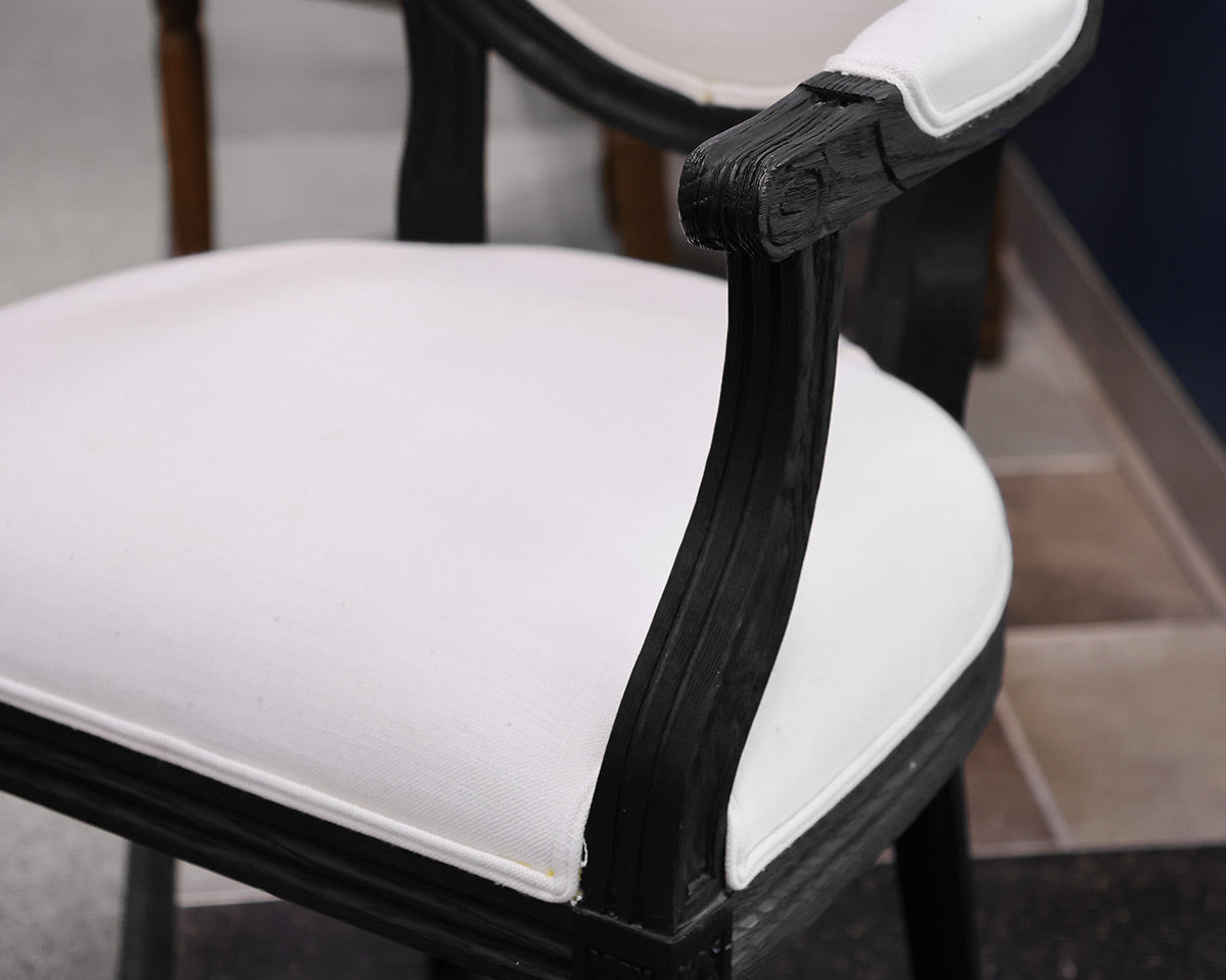 Set of 8 Restoration Hardware Vintage French Round Fabric Dining Chairs in Black