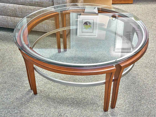 Round Cherry & Black Base Cocktail Table W/ Glass Top