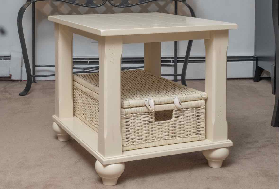 Pair of Cream Finish 1 Shelf Side Tables with Wicker Baskets