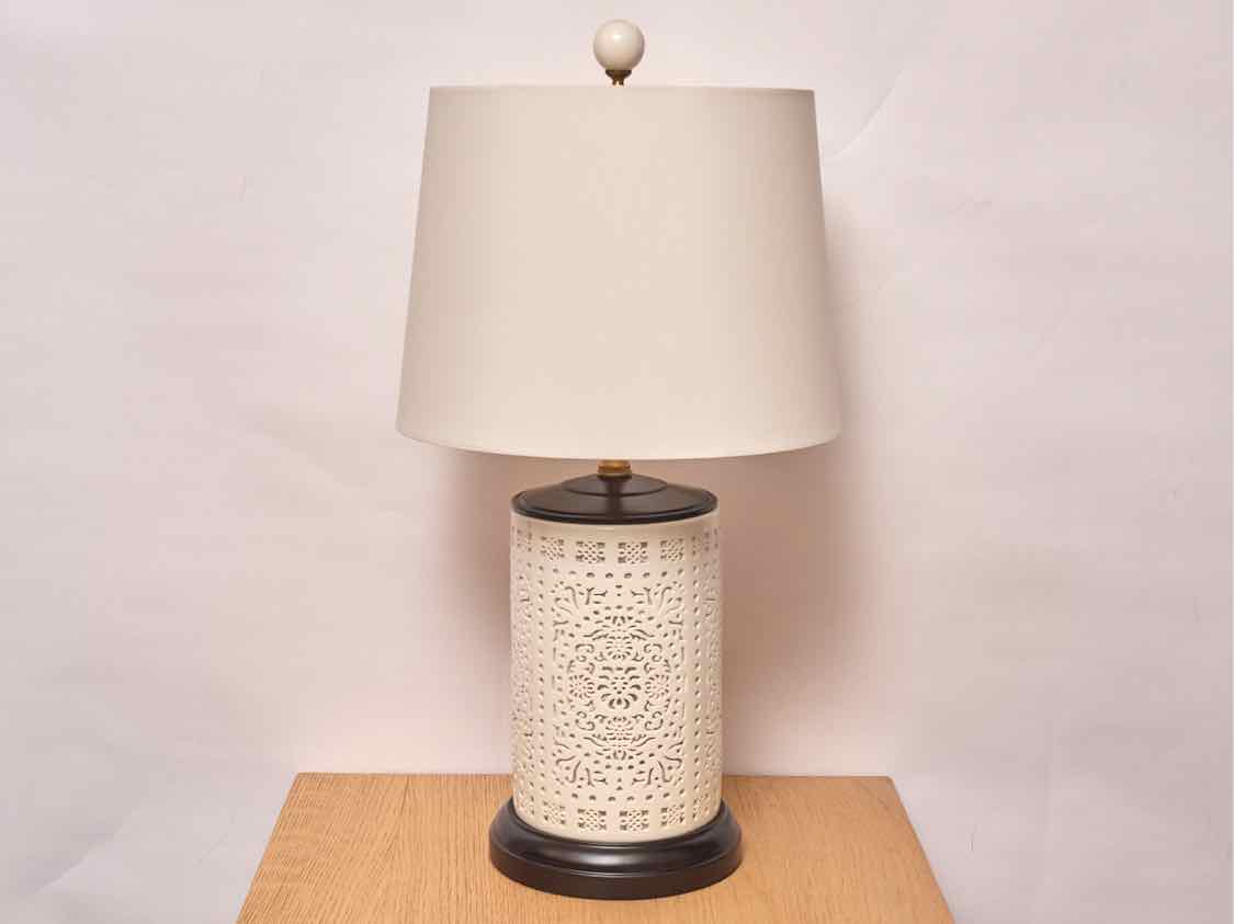 Pierced Bone China Table Lamp with Oyster Retro Drum Shade