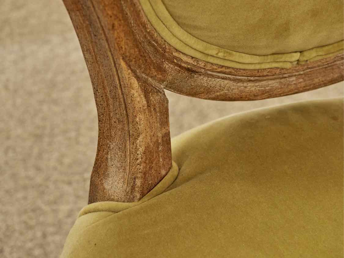 Set of 6 French Style Oval Back Dining Chairs in Avocado Velvet on Drifted Frame