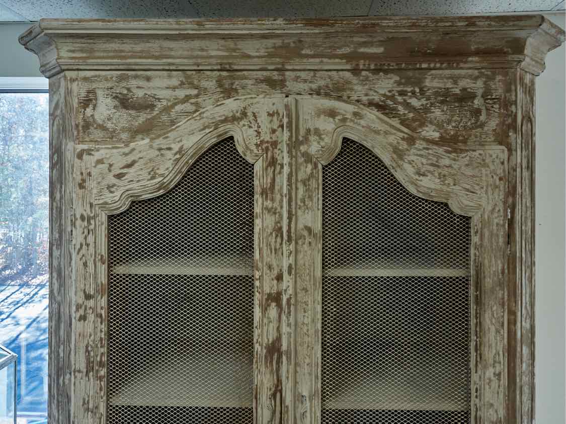 Rustic French Inspired Display Cabinets in Grey Finish with Wire Mesh Doors