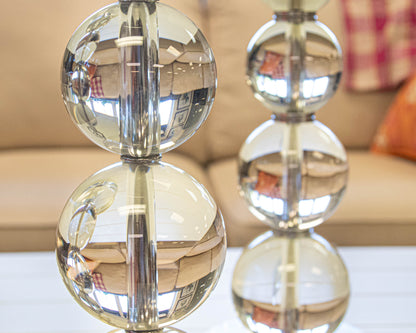 Pair of Stacked Crystal Orb Table Lamps with Drum Shades