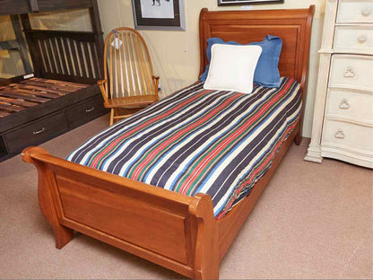 Cherry Sleigh Twin Bed Includes SR/Slats/ Bunkie Board / New  Firm Mattress