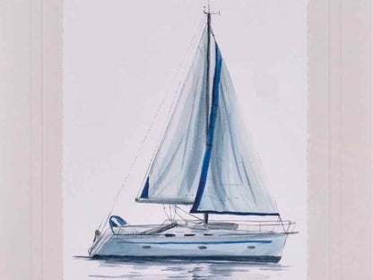 "Sailboat 1" Matted Print on Paper in Silver Beaded Frame