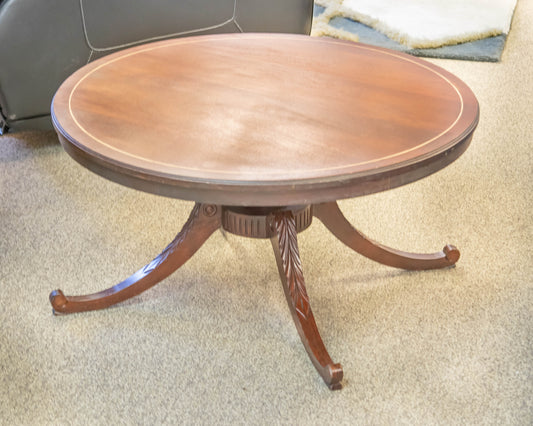 Mahogany Round Cocktail Table on Carved Leg Pedestal  Base