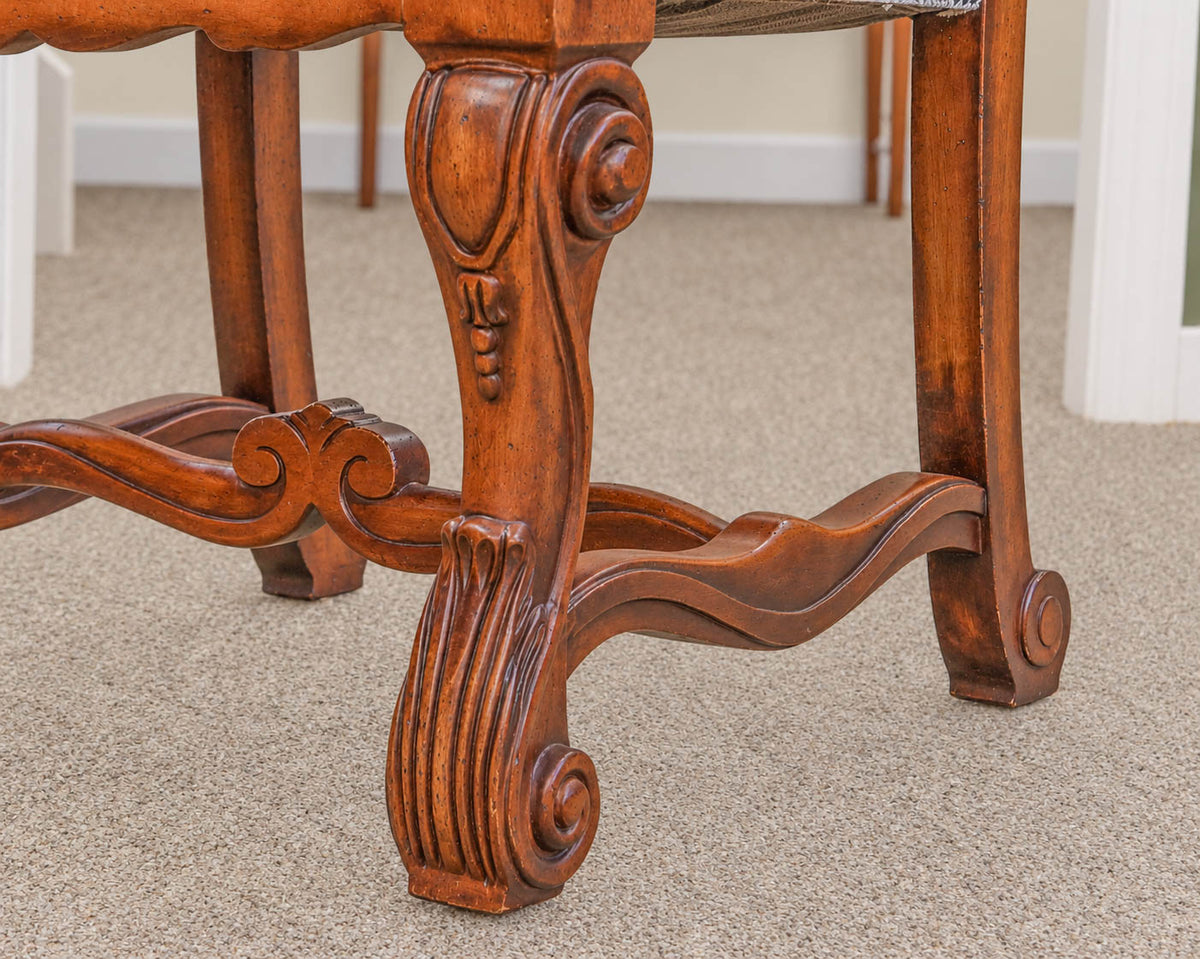 Set of 8 Carved Dining Chairs with Pale Gold Upholstery & Bronze Nailhead Trim